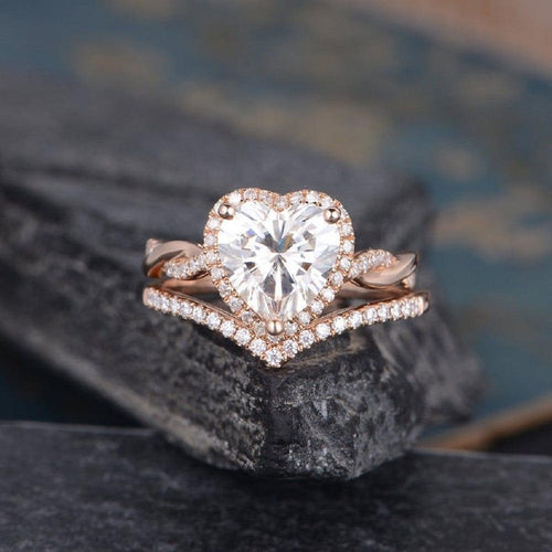 1.50CT Heart Cut Rose Gold Halo Diamond Infinity Wedding Moissanite Engagement Ring Set - JBR Jeweler