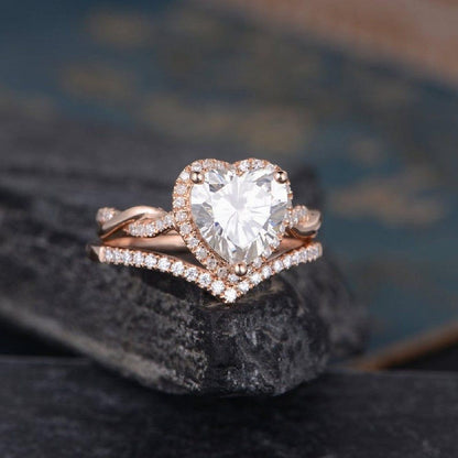 1.50CT Heart Cut Rose Gold Halo Diamond Infinity Wedding Moissanite Engagement Ring Set - JBR Jeweler