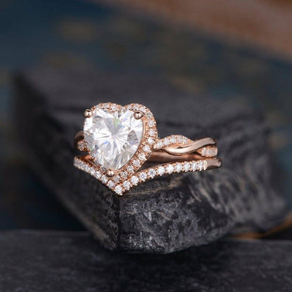 1.50CT Heart Cut Rose Gold Halo Diamond Infinity Wedding Moissanite Engagement Ring Set - JBR Jeweler