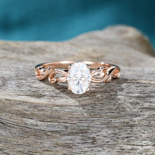 1.50CT Oval Cut Leaf Alternative Vintage Solitaire Rose gold Moissanite Engagement Ring - JBR Jeweler