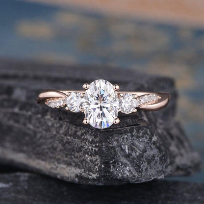 1.50CT Oval Cut Rose Gold Three Stone Twist Diamond Half Eternity Moissanite Engagement Ring - JBR Jeweler