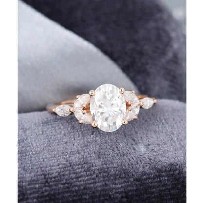 1.50CT Oval Cut Rose Gold Unique Diamond Cluster Marquise Moissanite Engagement Ring - JBR Jeweler