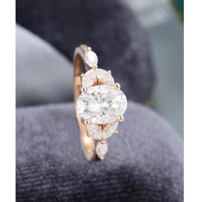 1.50CT Oval Cut Rose Gold Unique Diamond Cluster Marquise Moissanite Engagement Ring - JBR Jeweler