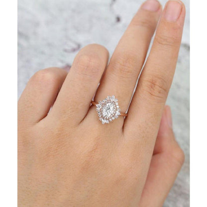 1.50CT Oval Cut Rose Gold Vintage Halo Baguette Set Moissanite Engagement Wedding Ring - JBR Jeweler