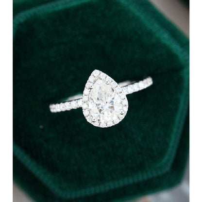 1.50CT Pear Cut White Gold Halo Set Half Eternity Moissanite engagement ring - JBR Jeweler