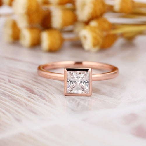 1.50CT Princess Cut Bezel Set 14K Rose Gold Solitaire Moissanite Engagement Ring - JBR Jeweler