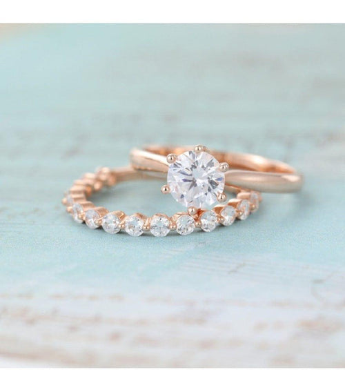1.50CT Round Cut 2 PCS Rose gold Solitaire Bridal Anniversary Moissanite engagement ring - JBR Jeweler