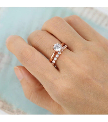 1.50CT Round Cut 2 PCS Rose gold Solitaire Bridal Anniversary Moissanite engagement ring - JBR Jeweler