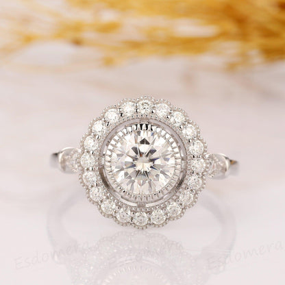 1.50CT Round Cut Vintage Rainbow Halo 14k White Gold Moissanite Engagement Ring - JBR Jeweler