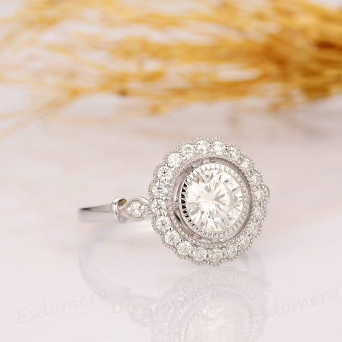 1.50CT Round Cut Vintage Rainbow Halo 14k White Gold Moissanite Engagement Ring - JBR Jeweler