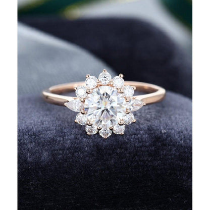 1.50CT Round Cut Vintage Rose Gold Halo Flower Moissanite Wedding Engagement Ring - JBR Jeweler