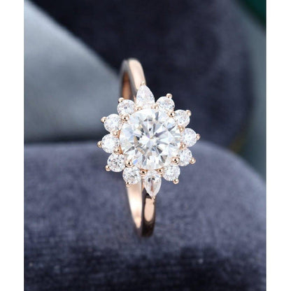 1.50CT Round Cut Vintage Rose Gold Halo Flower Moissanite Wedding Engagement Ring - JBR Jeweler