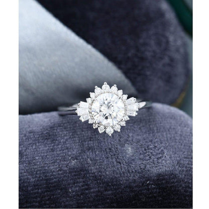 1.50CT Round Cut White Gold Halo Diamond /CZ Art Deco Unique Baguette Antique Moissanite Engagement Ring - JBR Jeweler