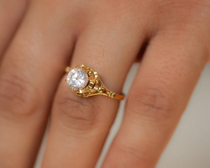 1.50CT Yellow Gold Vintage Inspired Round Cut Moissanite Engagement Ring - JBR Jeweler