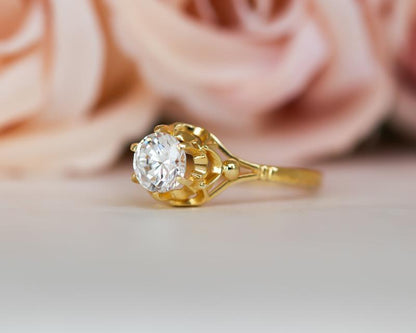 1.50CT Yellow Gold Vintage Inspired Round Cut Moissanite Engagement Ring - JBR Jeweler