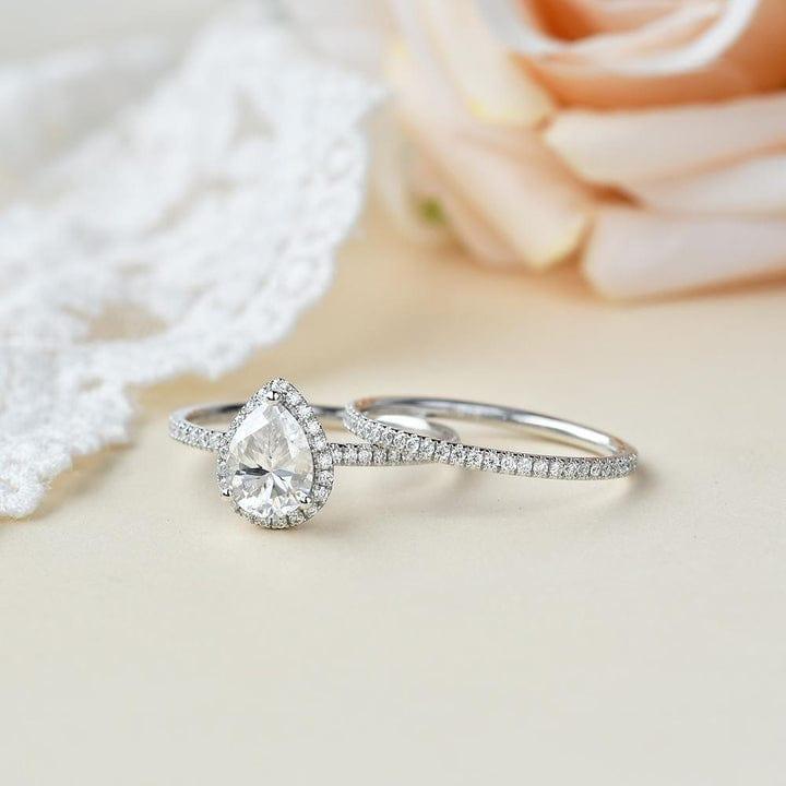 1.5CT Pear Cut Lab-Grown Diamond Halo Bridal Set Ring (2Pcs) - JBR Jeweler