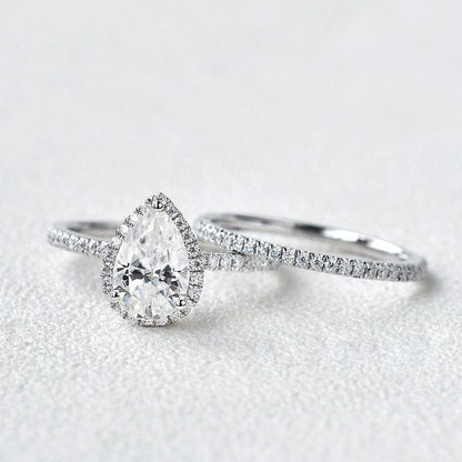 1.5CT Pear Cut Lab-Grown Diamond Halo Bridal Set Ring (2Pcs) - JBR Jeweler