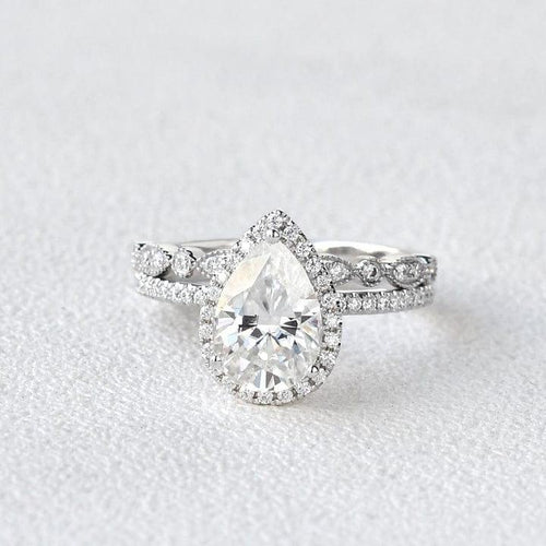1.5CT Pear Cut Lab-Grown Diamond Halo Bridal Set Stacking Ring (2Pcs) - JBR Jeweler