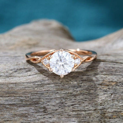 1.5CT Round Cut Rose Gold leaf Twig Floral Three Stone Moissanite Engagement Ring - JBR Jeweler