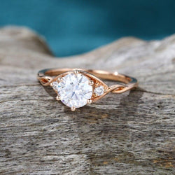 1.5CT Round Cut Rose Gold leaf Twig Floral Three Stone Moissanite Engagement Ring - JBR Jeweler