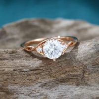 1.5CT Round Cut Rose Gold leaf Twig Floral Three Stone Moissanite Engagement Ring - JBR Jeweler