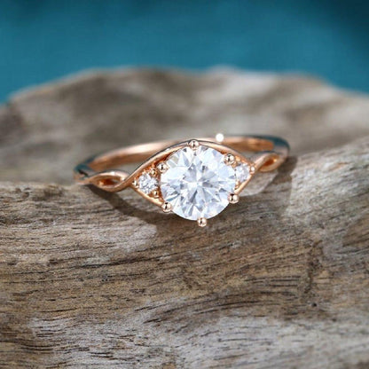 1.5CT Round Cut Rose Gold leaf Twig Floral Three Stone Moissanite Engagement Ring - JBR Jeweler