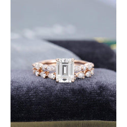 1.75Ct Emerald Cut Rose Gold Half Eternity Pear Cut Stacking Matching Moissanite Engagement Ring - JBR Jeweler