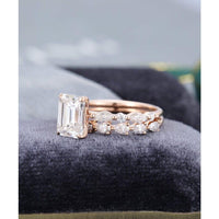 1.75Ct Emerald Cut Rose Gold Half Eternity Pear Cut Stacking Matching Moissanite Engagement Ring - JBR Jeweler