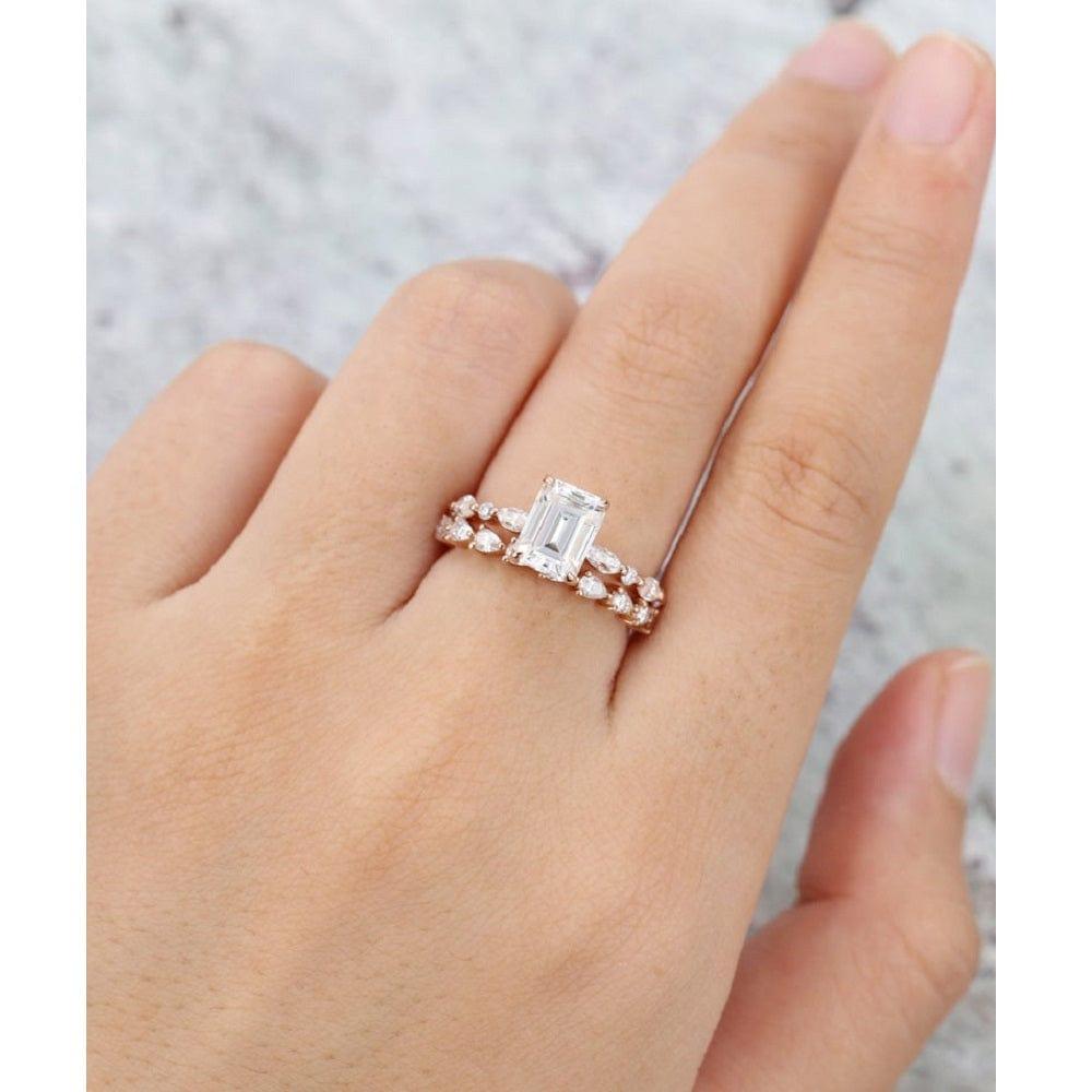 1.75Ct Emerald Cut Rose Gold Half Eternity Pear Cut Stacking Matching Moissanite Engagement Ring