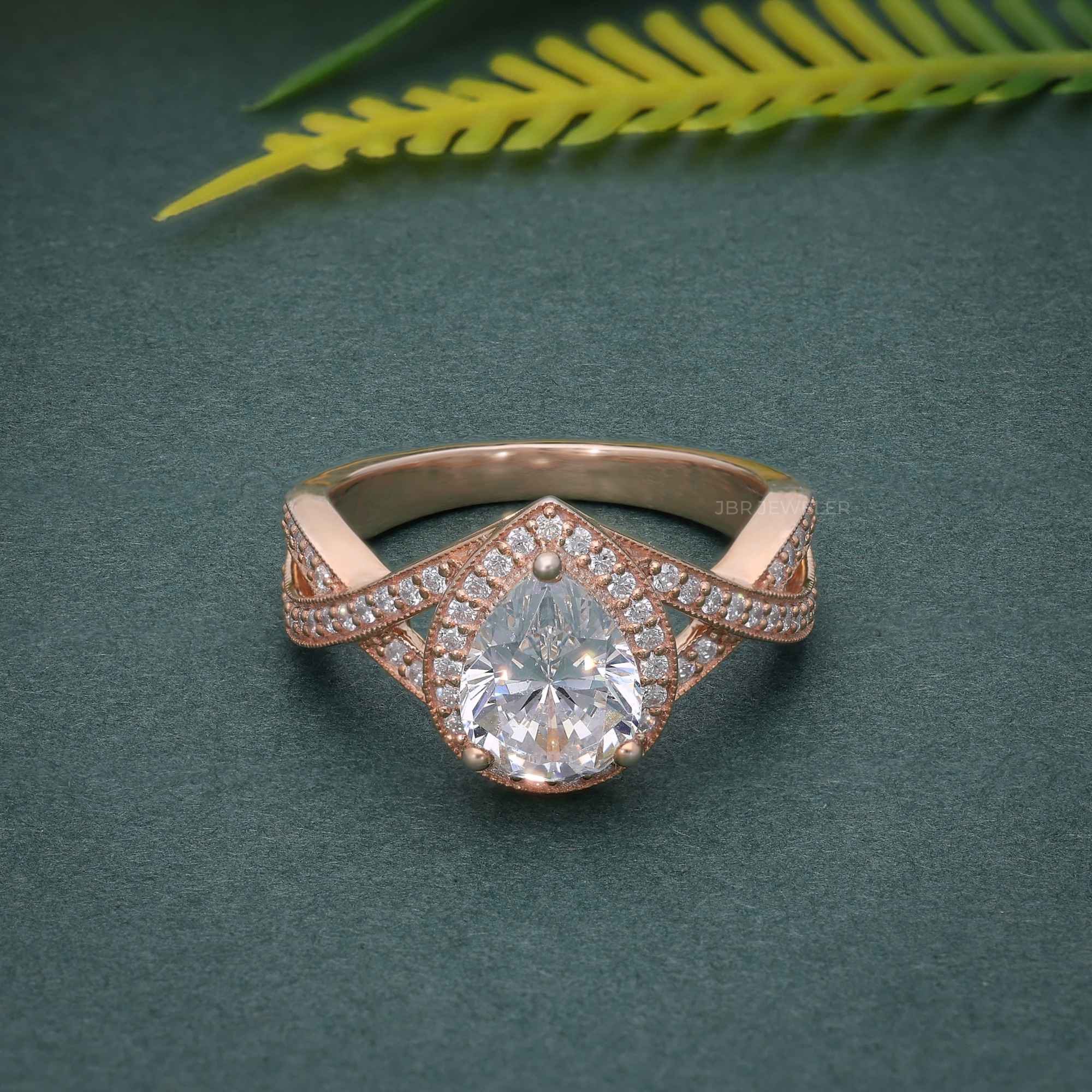 1.00CT Pear Cut Rose Gold Halo Set Twisted Diamond Moissanite Engagement Ring