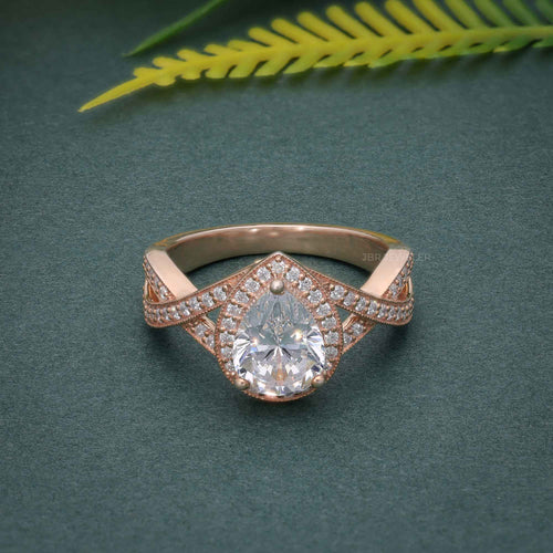 1.00CT Pear Cut Rose Gold Halo Set Twisted Diamond Moissanite Engagement Ring - JBR Jeweler