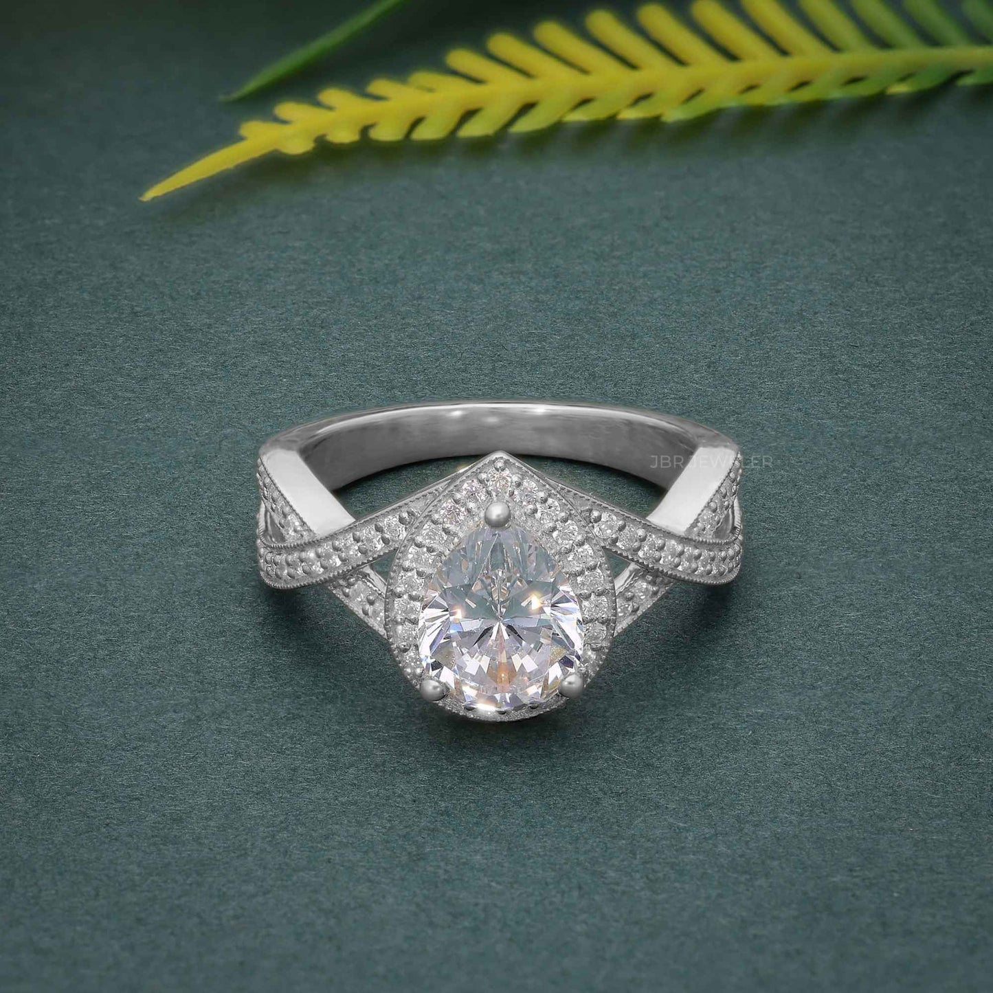 1.00CT Pear Cut Halo Set Twisted Lab Grown Engagement Ring