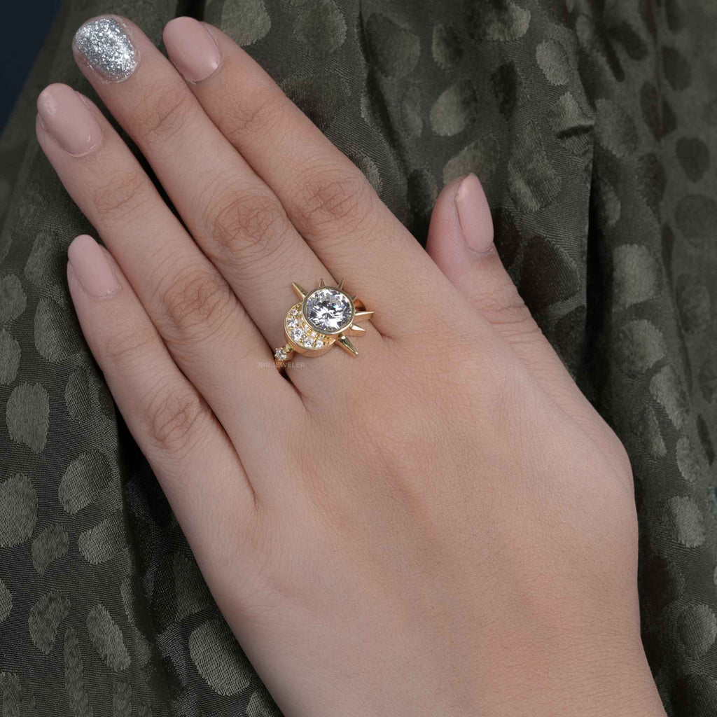 1.00CT Round Cut Unique Rose Gold Bridal Celestial Wedding Alternative Star Moissanite Engagement Ring - JBR Jeweler