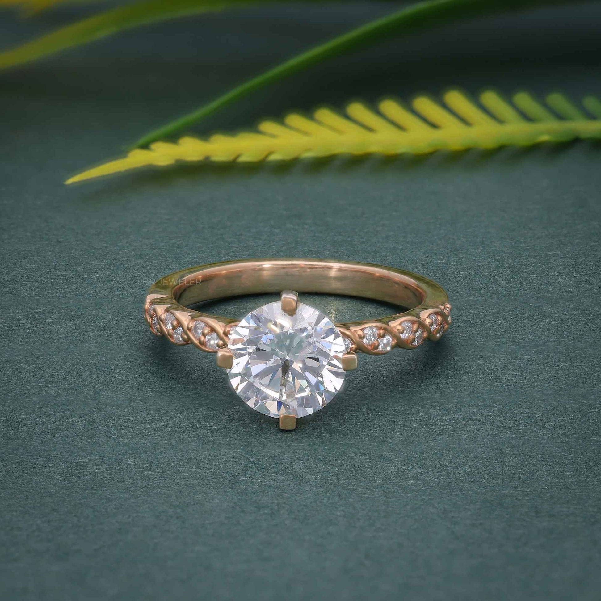 Round Cut 1ct Moissanite Rope Style Pave Accents Engagement Ring