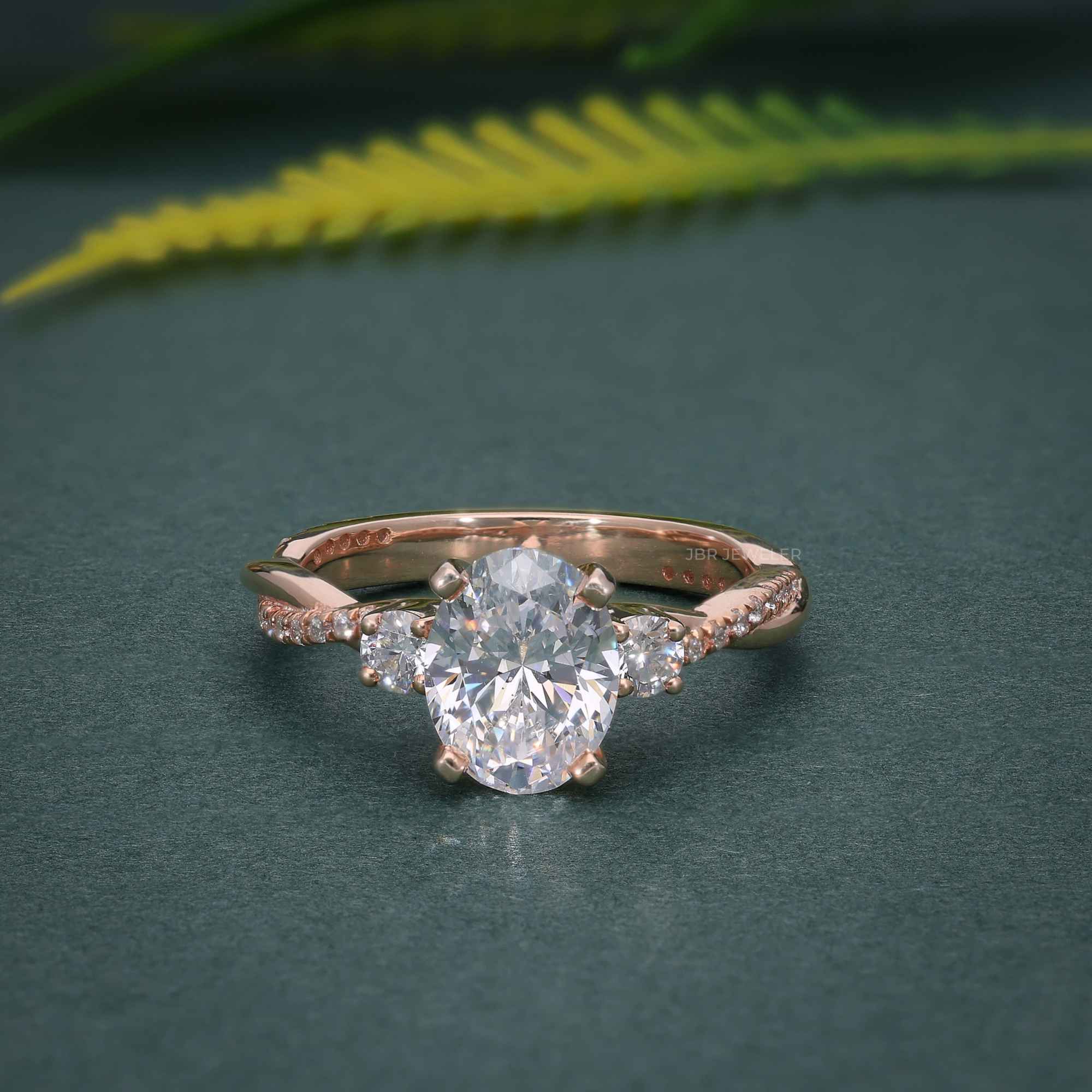 1.50CT Oval Cut Rose Gold Three Stone Twist Diamond Half Eternity Moissanite Engagement Ring - JBR Jeweler