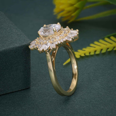 1.50CT Oval Cut Rose Gold Vintage Halo Baguette Set Moissanite Engagement Wedding Ring