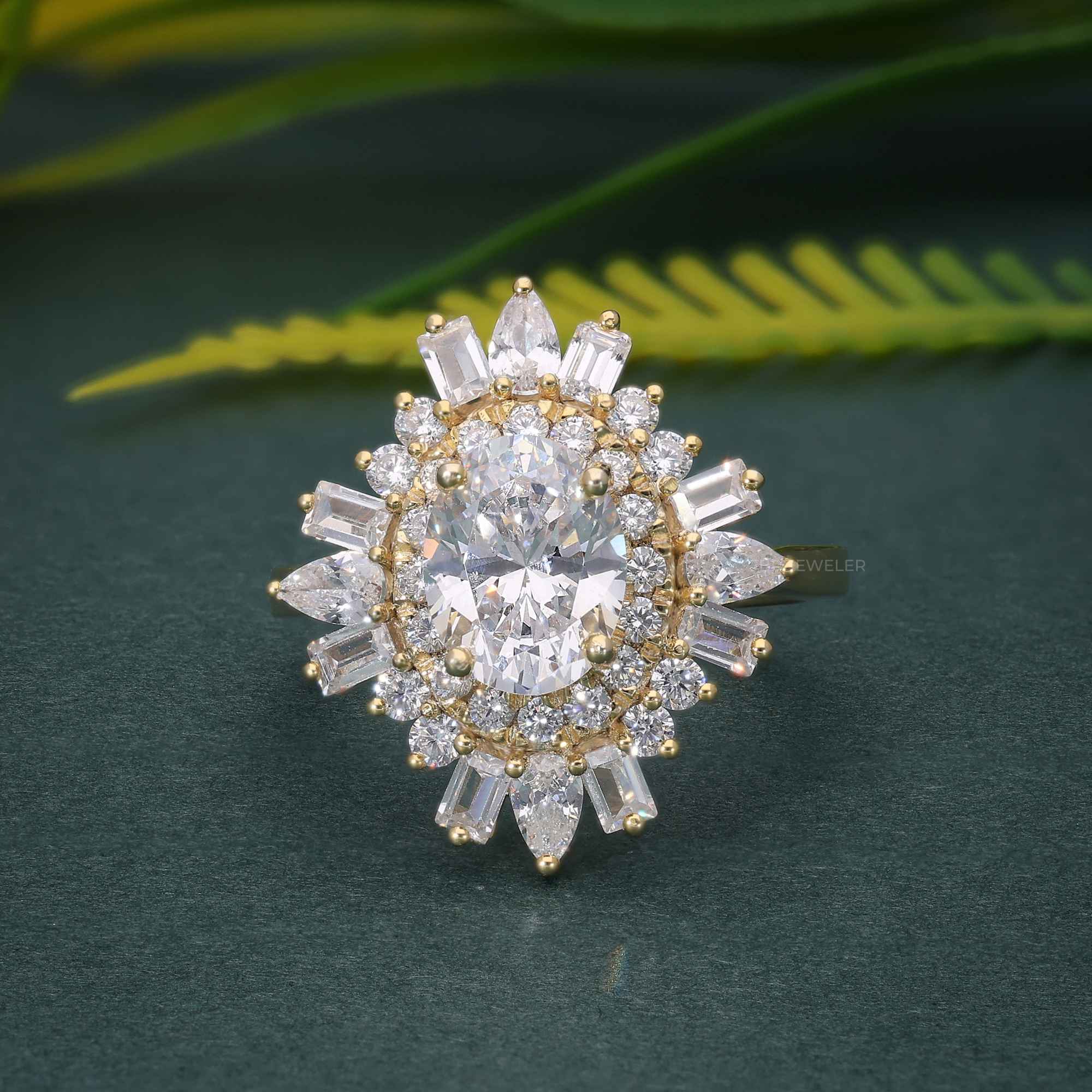 1.50CT Oval Cut Rose Gold Vintage Halo Baguette Set Moissanite Engagement Wedding Ring - JBR Jeweler