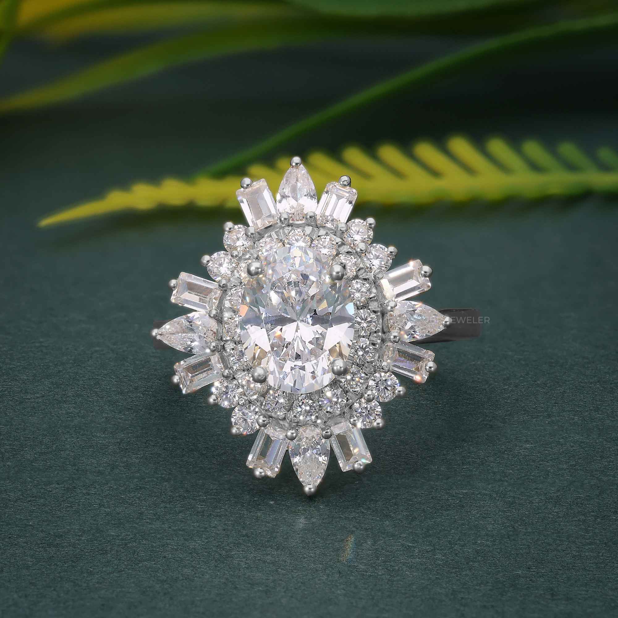 1.50CT Oval Cut Rose Gold Vintage Halo Baguette Set Moissanite Engagement Wedding Ring - JBR Jeweler