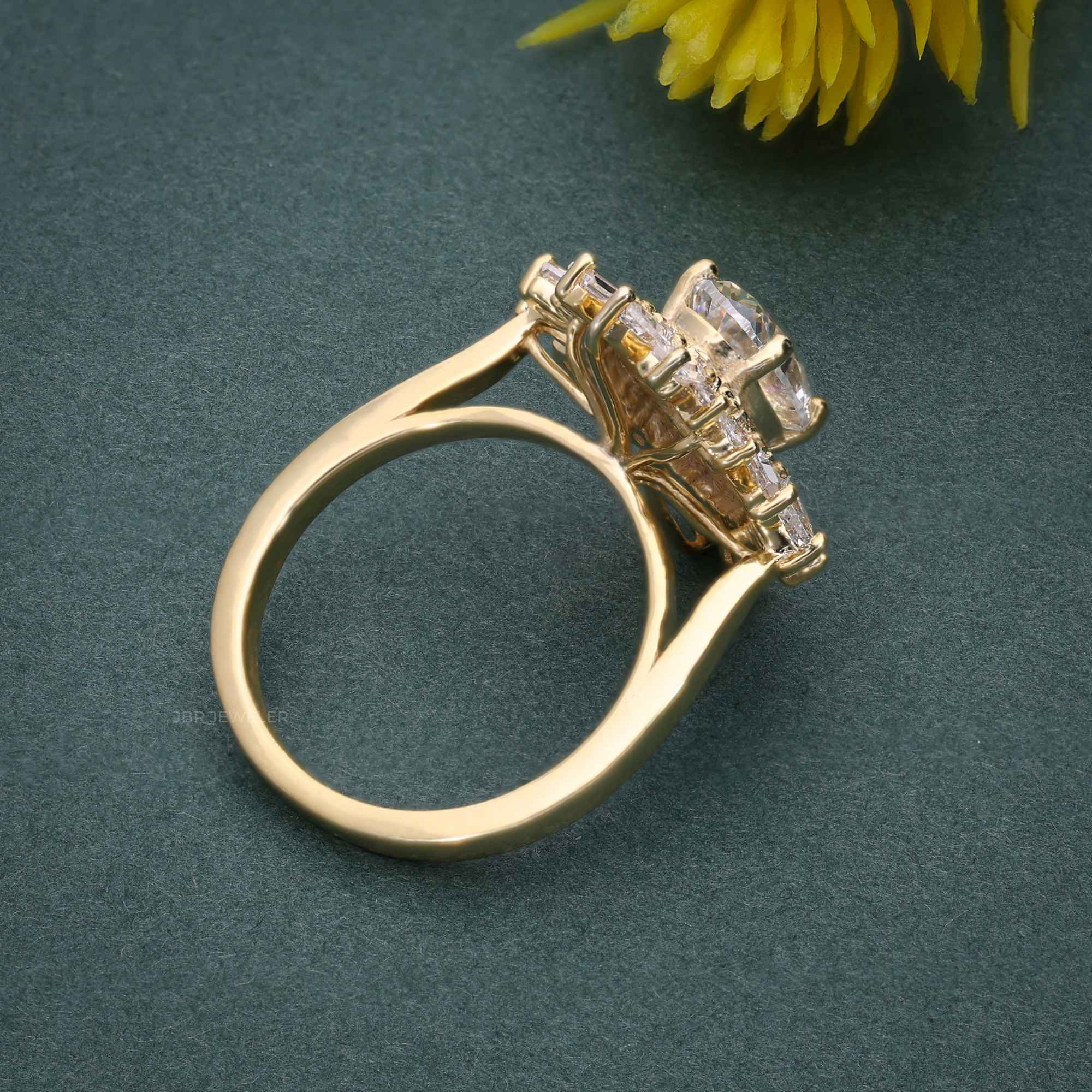 1.50CT Oval Cut Rose Gold Vintage Halo Baguette Set Moissanite Engagement Wedding Ring - JBR Jeweler