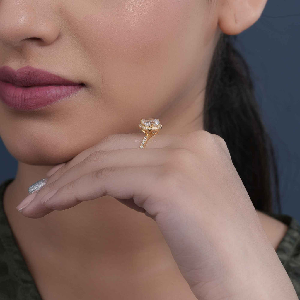 1.50CT Pear Shaped Yellow Gold Unique Halo Moissanite Engagement Anniversary Ring - JBR Jeweler