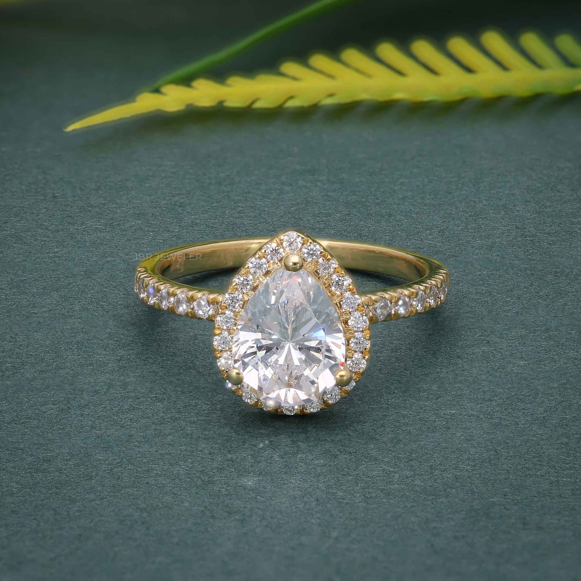 1.50CT Pear Shaped Yellow Gold Unique Halo Moissanite Engagement Anniversary Ring - JBR Jeweler