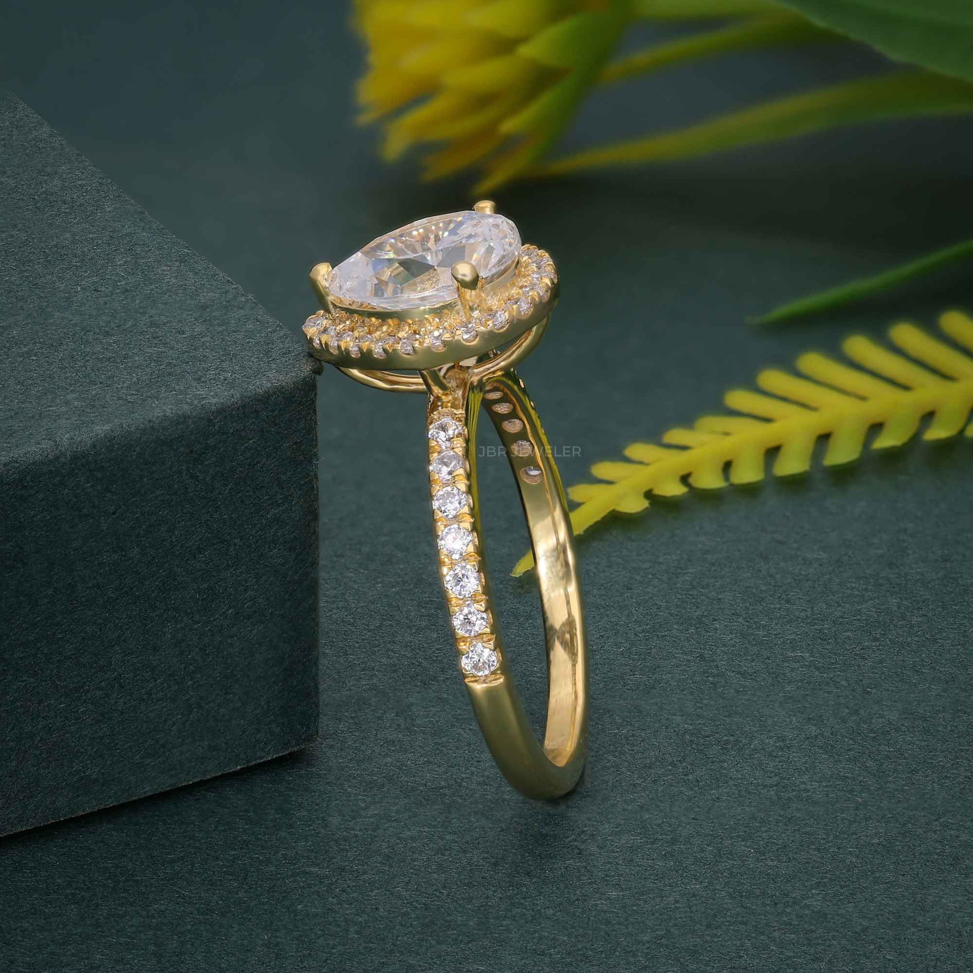 1.50CT Pear Shaped Yellow Gold Unique Halo Moissanite Engagement Anniversary Ring - JBR Jeweler