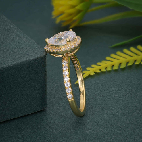 1.50CT Pear Shaped Yellow Gold Unique Halo Moissanite Engagement Anniversary Ring - JBR Jeweler