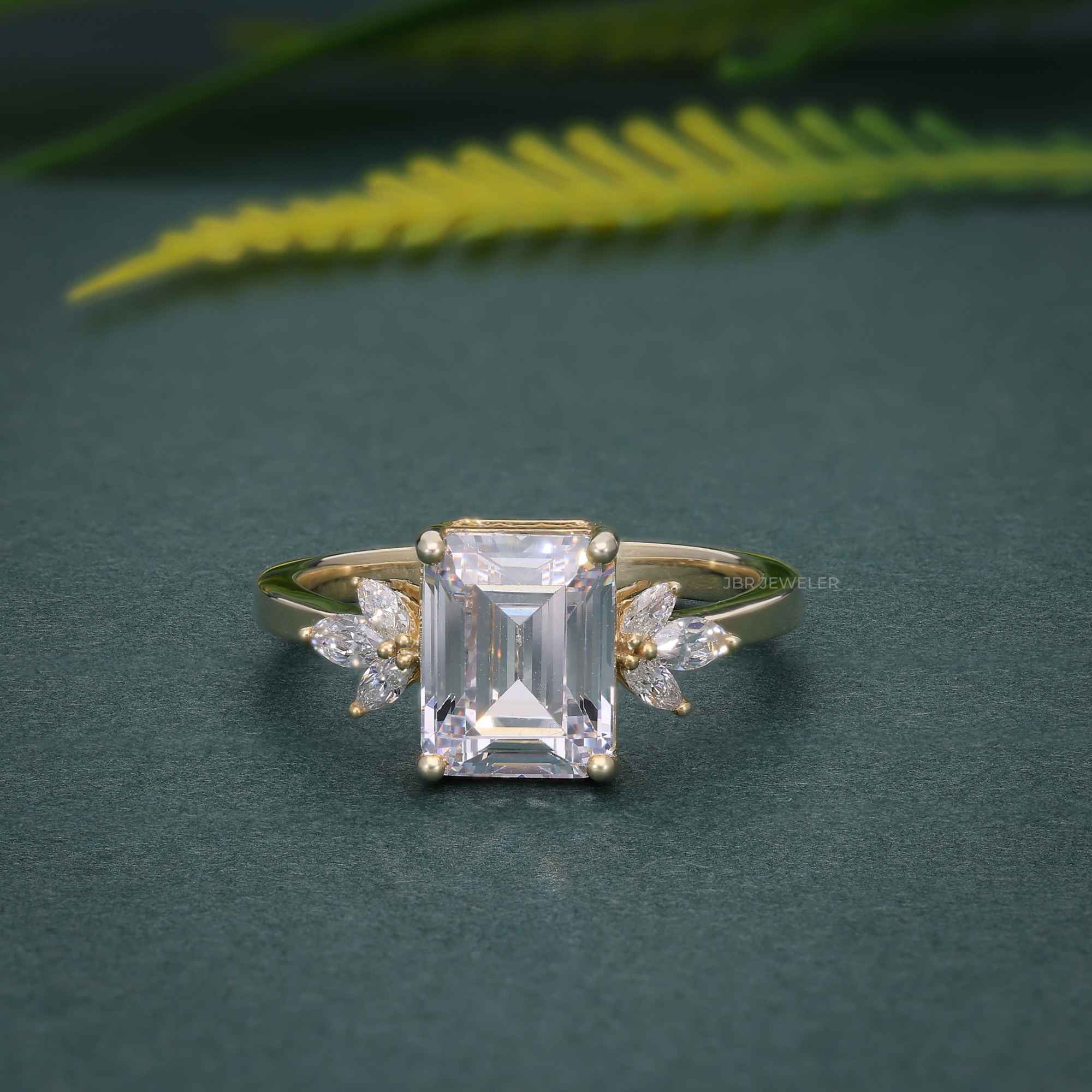 1.5 CT Emerald Vintage Yellow Gold Unique Moissanite Engagement Ring
