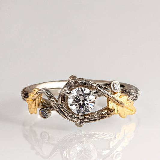 1.5 CT Lab Diamond Twig Ring with Leaf Accents in Two-Tone