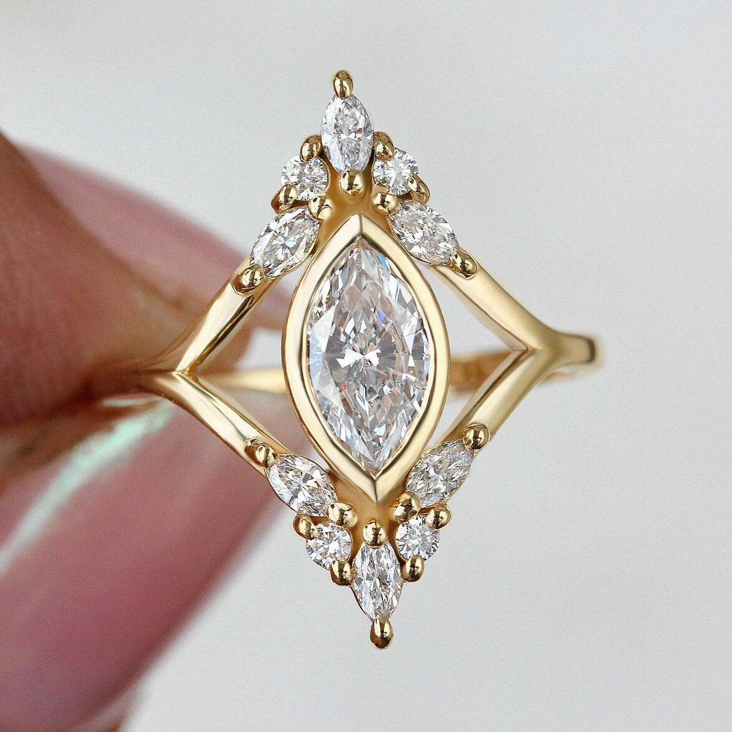 1.90 CT Marquise Diamond Bezel Set Engagement Ring Unique Vintage Art Deco Design Audrey Collection