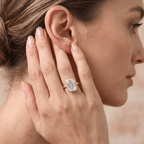 Emerald cut moissanite solitaire ring on hand Finger lifestyle shot