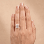 Halo engagement ring paired with wedding band