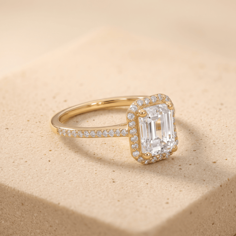 Moissanite bridal ring emerald halo side angle