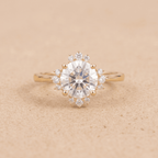 14K gold round cathedral halo wedding ring front view
